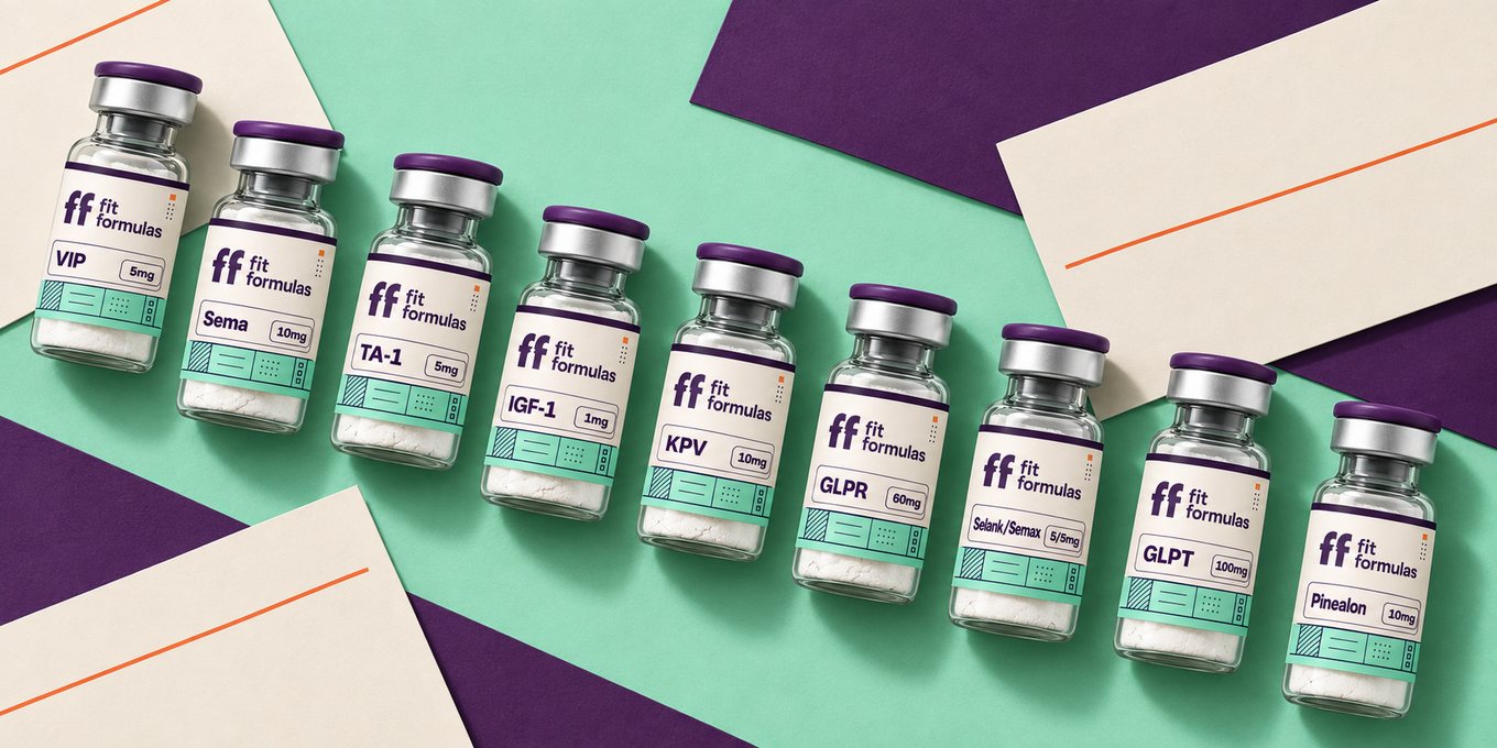 Ten new Fit Formulas vials lined up: VIP 5mg, Sema 10mg, TA-1 5mg, IGF-1 1mg, KPV 10mg, GLPR 60mg, Selank/Semax 5/5mg, GLPT 100mg, Pinealon 10mg